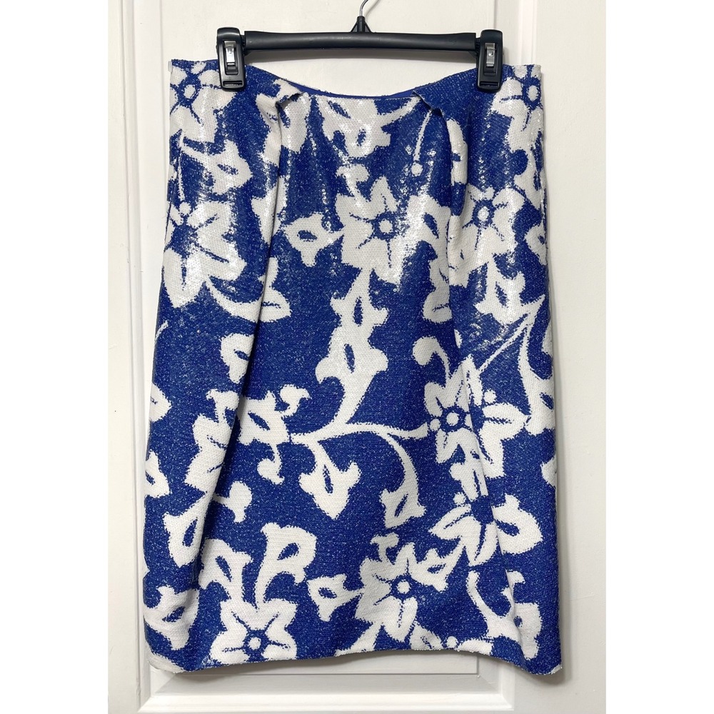Diane Von Furstenberg Floral Sequin Drape Skirt In White & Blue Size 10 - Picture 5 of 14